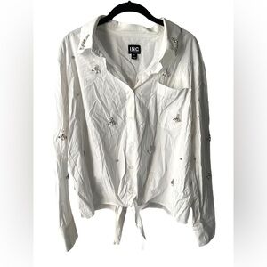 INC White Embellished Button Down Shirt - Size M - Rhinestone Accents